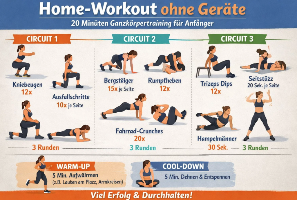 Home-Workout ohne Geräte: 20 Minuten Ganzkörpertraining für Anfänger