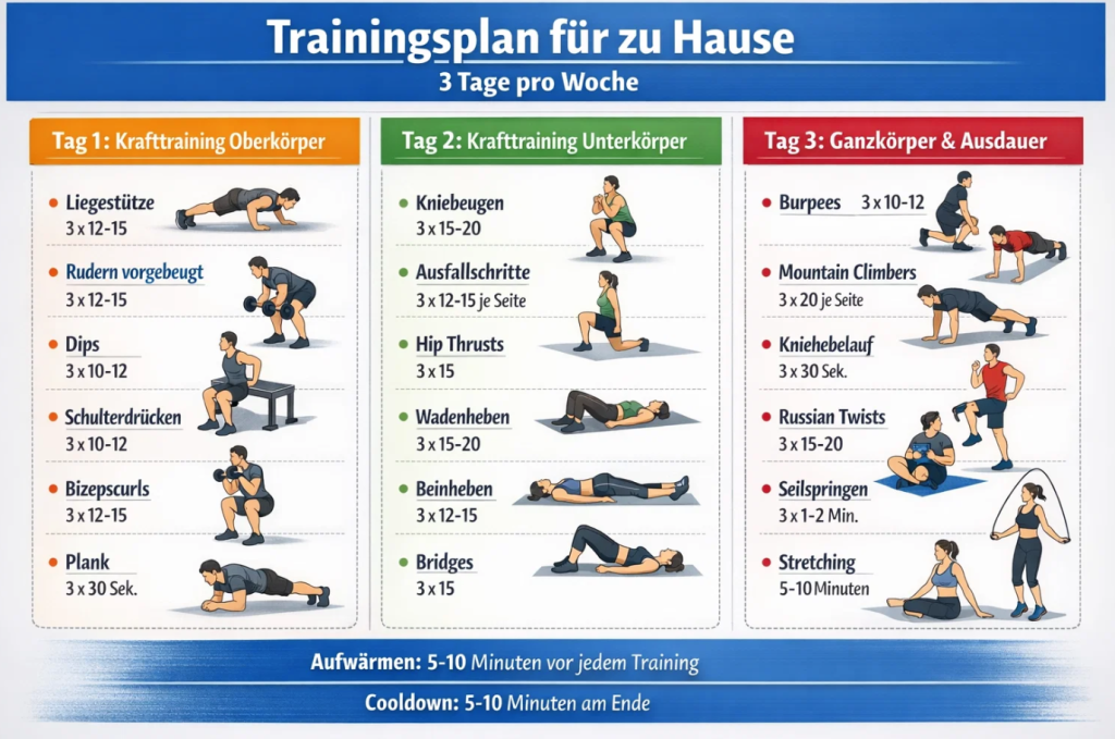 Trainingsplan für zu Hause: 3 Tage pro Woche